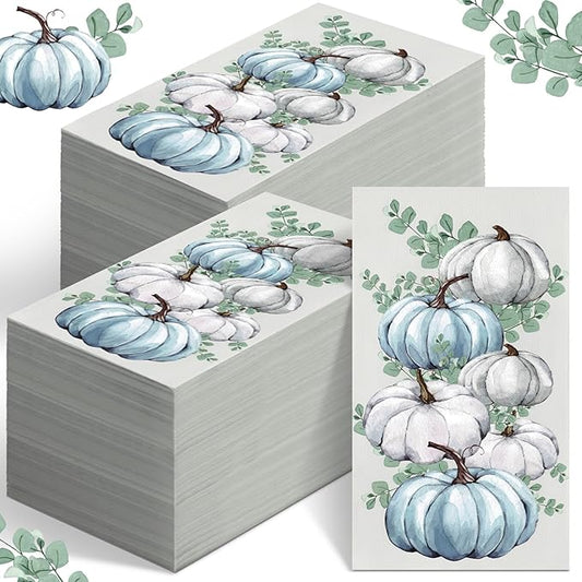 Jetec 200 Pcs Fall Napkins Thanksgiving Disposable Guests Paper Napkins White and Blue Pumpkin Disposable Hand Towels for Bathroom Thank You Gifts Decorative Napkins for Wedding Shower Birthday Party