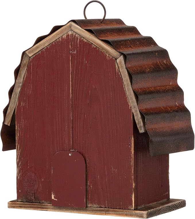 glitzhome 10.2" H Rustic Bird House Outdoor Garden Red Barn Patio Garden Decorative Handmade Distressed Solid Wood Birdhouse