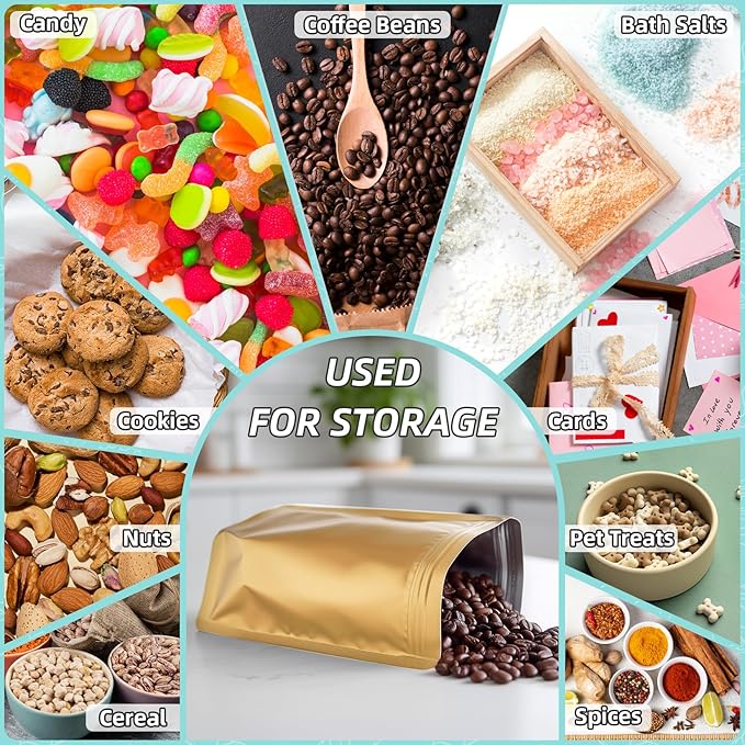 FUNFERY 6.3x9.4 inch Stand Up Mylar Resealable Bags for Food Storage,Smell Proof Foil Pouch,Food Packaging Sealable Bags,Mylar Zipper Bag for Jerky,Candy,Cereal,Coffee, Cards,Gold,50 Pack