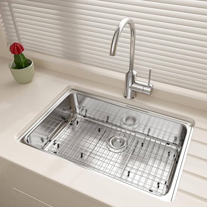 Stainless Steel Sink Rack 28.4" X 14.3",Sink Protector for Kitchen Sink,Sink Grate with Rear Drain Hole for Single Bowl, Metal Sink Grid for Bottom of Sink with Strainer,Corner Radius 0.5",1 Pack