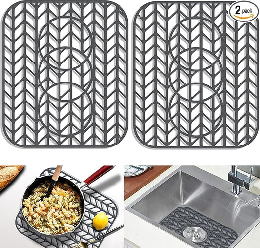 GUUKIN Sink Protectors for Kitchen sink, 13 5/8" x 11 5/8" Folding Non-slip Silicone Sink Mat Grid for Bottom of Farmhouse Stainless Steel Porcelain with 3 Reserved Holes Pack of 2