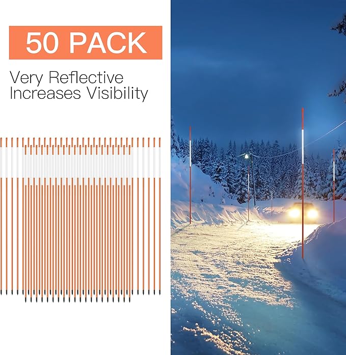 Driveway Markers 48 inch 50pcs, 5/16” Dia 4FT Snow Stakes with Reflective Tape, Highly Visible for Parking, Walkways, Snow Markers, 4FT Orange Fiberglass Poles Reflectors Markers with Steel Drill Bit