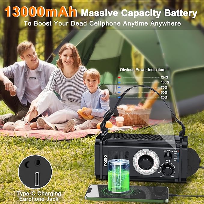 48100mWh Emergency Radio, Portable Solar Hand Crank Radio, AM FM NOAA Weather Radio, 800LM Crank Flashlight & Reading Lamp, Earphone Jack, Compass,SOS for Home Outdoor Camping Hurricane Storm Survival