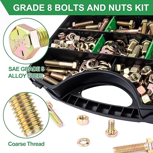 FOLIV 523PCS Grade 8 Bolts and Nuts Assortment Kit, Heavy Duty Nut and Bolt Assortment, 1/4-20 5/16-18 3/8-16 SAE Hex Bolts, Length from 1/2" to 1-1/2"