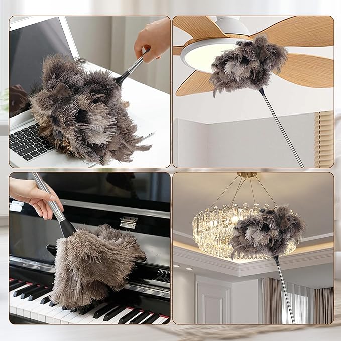 40 inches Extendable Ostrich Feather Duster, Fluffy Long Handle Reusable Duster for Cleaning Ceiling Fans, Pendant Lamps, High Ceilings, Blinds, and Furniture