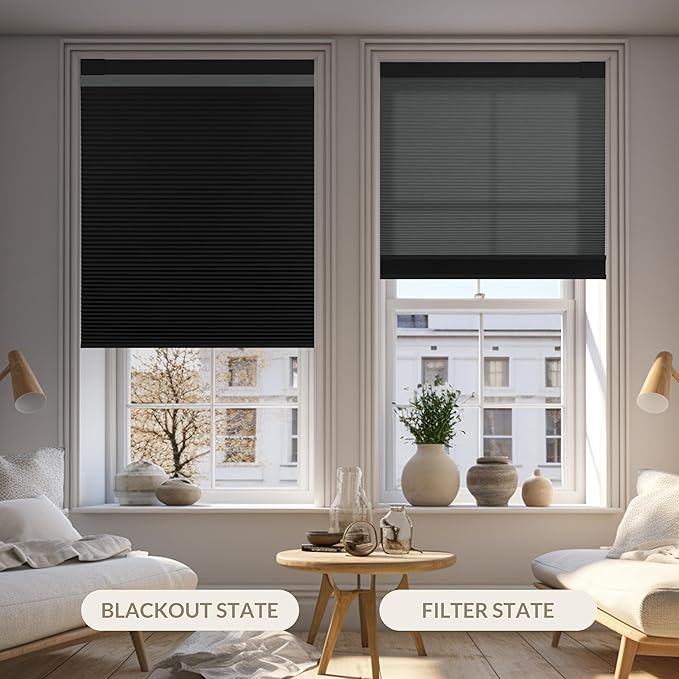Boolegon Day and Night Cellular Shades No Tools No Drill Blinds for Window Cordless Easy to Install Honeycomb Shades Blackout&Filter Light Window Shades for Office Home, Black, Custom Size