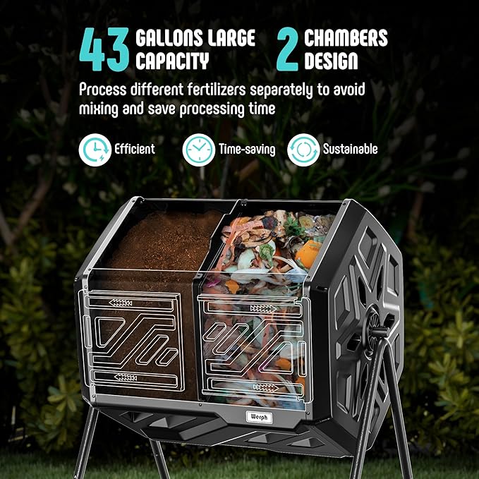 Compost Bin, Outdoor Composter, Fast Assembly 43 Gallon Dual Chamber Outdoor Compost Tumbler, Heavy Duty Tumbling Rotating Composter for Patio, Garden, Yard, Black, Easy Setup, Gloves Included