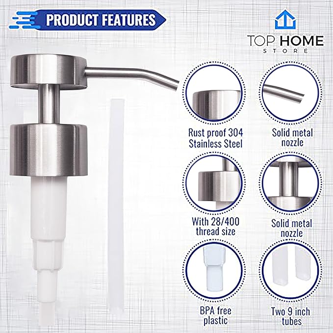 Elegant Flat Top Stainless Steel Soap and Lotion Dispenser Pumps (Brushed Nickel, 2 Pack)