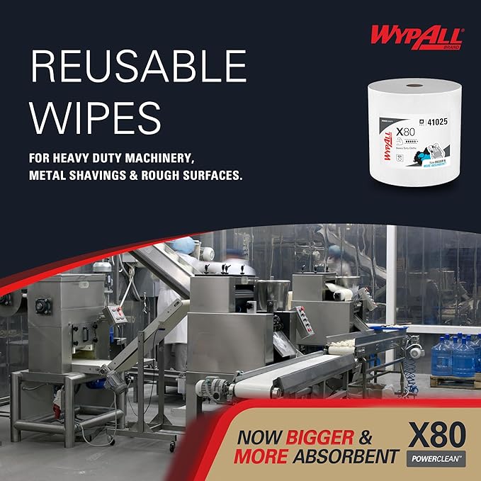 WypAll PowerClean X80 Cloths Heavy Duty Wipes (41025), Jumbo, Extended Use Towels, White (1 Roll of 475 Sheets, 475 Sheet Total)