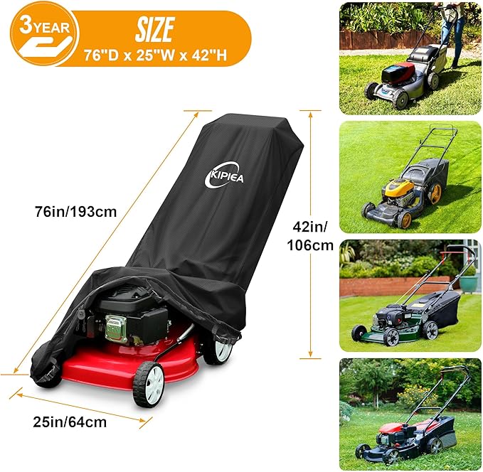 Kipiea Outdoor 600D Lawn Mower Cover Waterproof, UV & Tear-Resistant with 4 Buckles and 2 Drawstrings for Most Push Lawn Mowers
