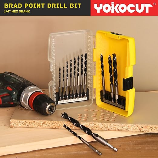 Brad Point Drill Bits Set, 13pcs for Woodworking, 1/4" Hex Shank 1/8" to 1/2" Wood Drill Bits for Hardwood, Plywood, PVC, Drywall, Lumber