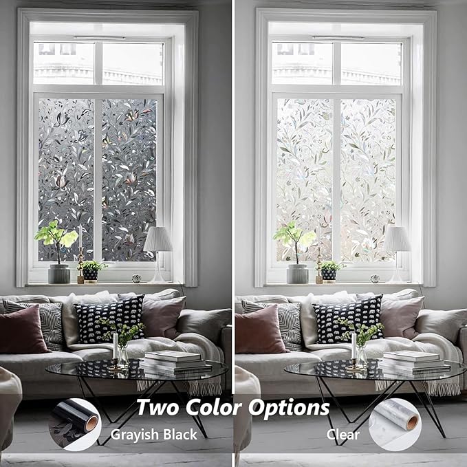 Kromapolis Window Film, Window Privacy Film Frosted, Vinyl Glass Covering, Stained Glass Decorative Film, Static Window Clings, Non-Adhesive (Grayish Black, 17.5 x 157.4 inch)