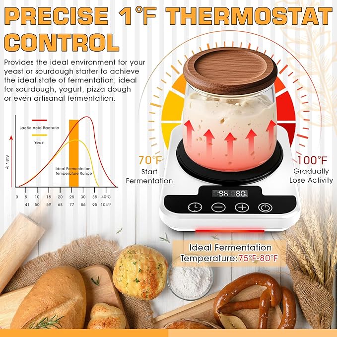 Upgraded Sourdough Starter Warmer, Precise 1°F Thermostat Control (70-100°F) Sourdough Starter Warmer Mat, Smart Memory Heating Mat for Sourdough Fermentation, 12-Hour Timer (White)