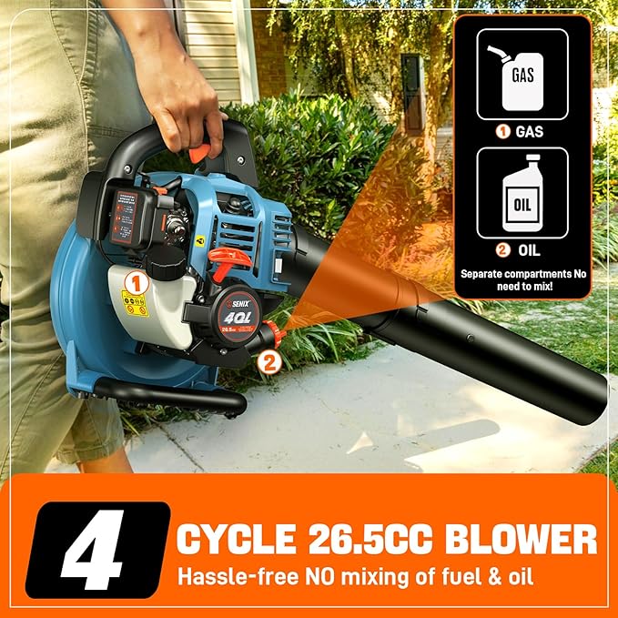 SENIX 4QL 26.5 cc 4-Cycle Handheld Gas Powered Leaf Blower for Lawn Care Clean Up, Up to 410 CFM and 125 MPH, Light Weight, Dual Grip Handle, BL4QL-L, Blue