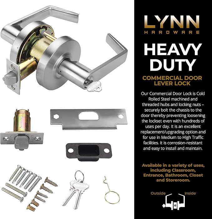 LYNN HARDWARE Commercial Door Lever Lock - Heavy-Duty Locking Door Handle, Designer Door Handles, Cylindrical Lever Lock, Non-Handed Grade 2 Door Handle, Satin Chrome, Storeroom Function