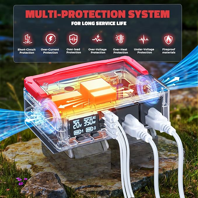 350W Power Inverter Compatible with Milwaukee 18V Batteries: Portable Power Station with 2 AC Outlets 2 USB-A&2 Type-C, Generator DC 18V to AC 110V - Battery Adapter 500LM LED Light RGB Light