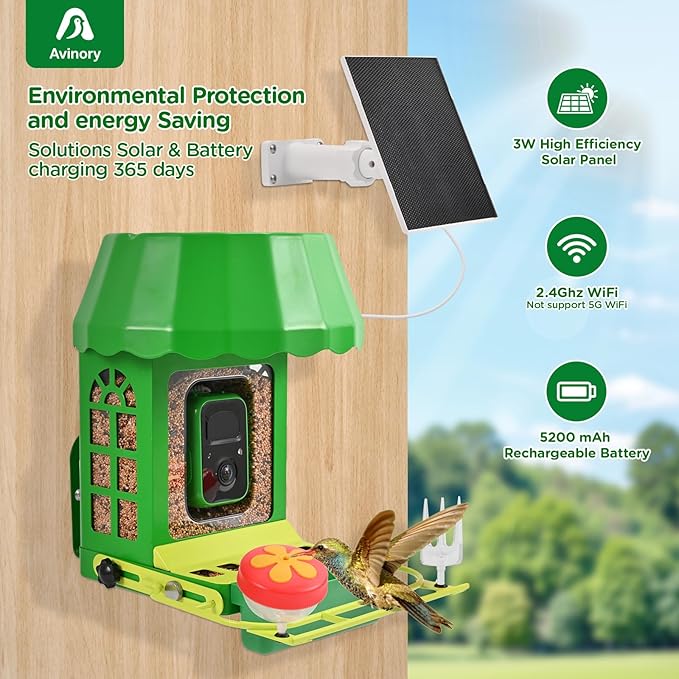 Avinory Smart Bird Feeder with Camera 2.5K HD, Solar Powered AI Bird Identifier 10000+ Species, 32GB Card, Wireless,with Night Vison,Metal Squirrel Proof for Outdoor Birds Watching Gift