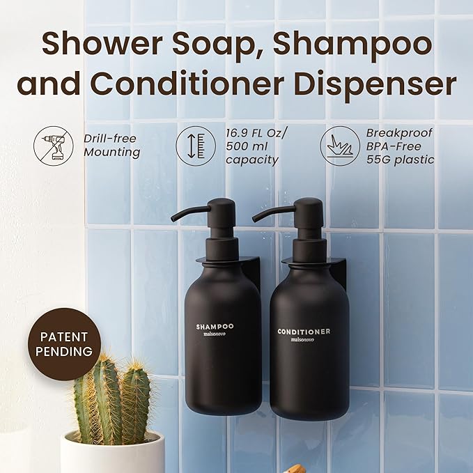 MaisoNovo Shampoo and Conditioner Dispenser - Shower Soap Dispenser Wall Mounted - 16.9 fl oz Set of 2 Black Plastic Bottles Black Pumps - 2 Chamber No Drill
