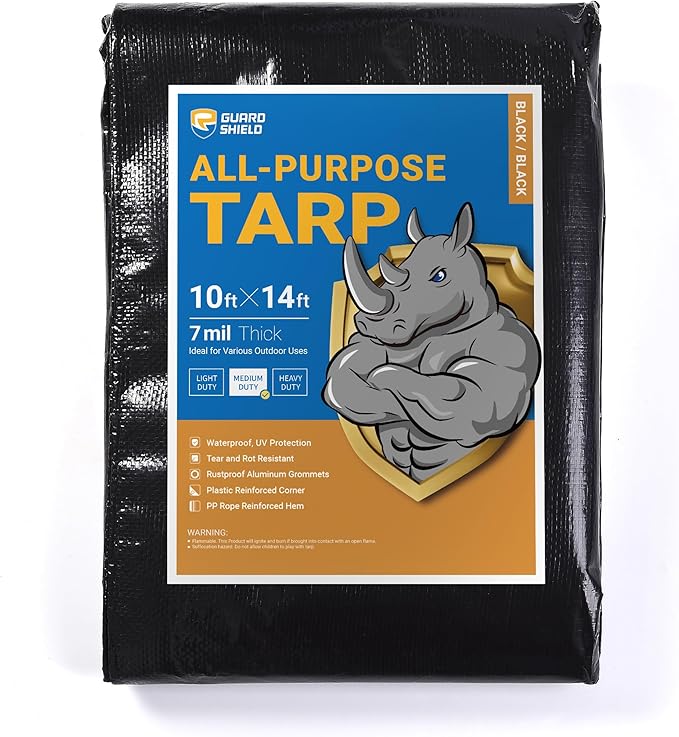 GUARD SHIELD Black Tarp Waterproof 10x14 Feet Medium Duty All Purpose Poly Tarps Cover 7mil