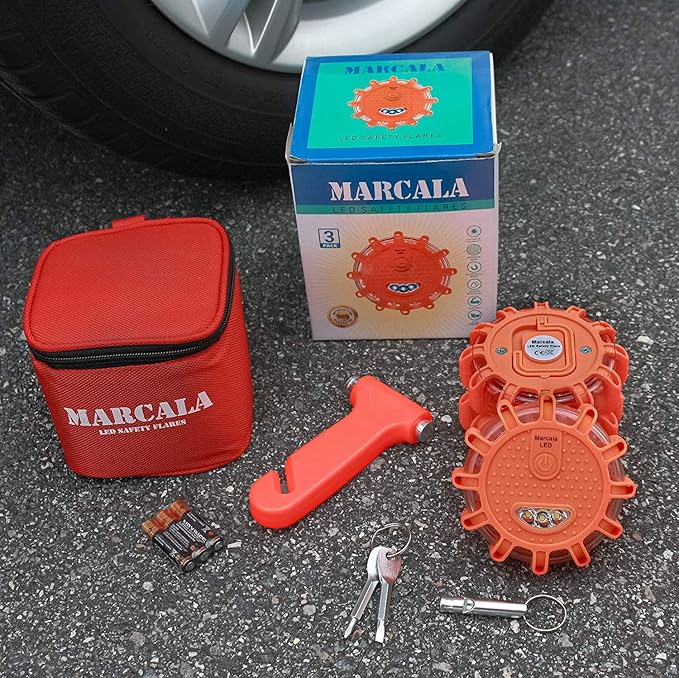 Marcala LED Road Flares Emergency Lights | 3-Pack Roadside Safety Disc Kit w/Whistle | DOT Compliant Emergency Flares for Car w/Batteries Installed | Roadside Emergency Car Kit with Flares