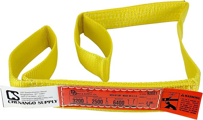DD Sling. Multiple Lengths! (100% USA Made), 1-PLY, 2" Wide Nylon Lifting Web Sling. 3,200lbs Vertical, 2,500lbs Choke, 6,400lbs Basket, Eye & Eye, Heavy Duty (900 Webbing) (2" x4')