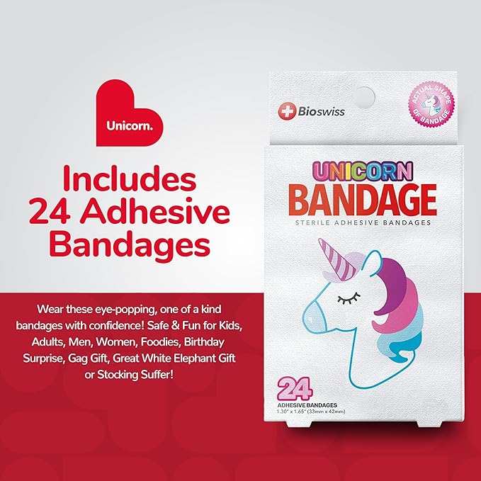 BioSwiss Kids Bandages, Unicorn Shaped Self Adhesive Bandage Set, Latex Free, Sterile Wound Care, 24 Count