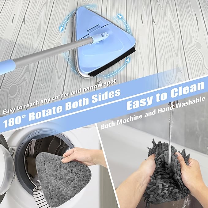NEWE Wall Mop Cleaner with 80 Inches Long Handle, 180° Folding Ceiling Cleaning Tool with Squeegee, Triangle Baseboard Scrubber with 4 Chenille Duster and 2 Microfiber Pads for Washing Painted Walls