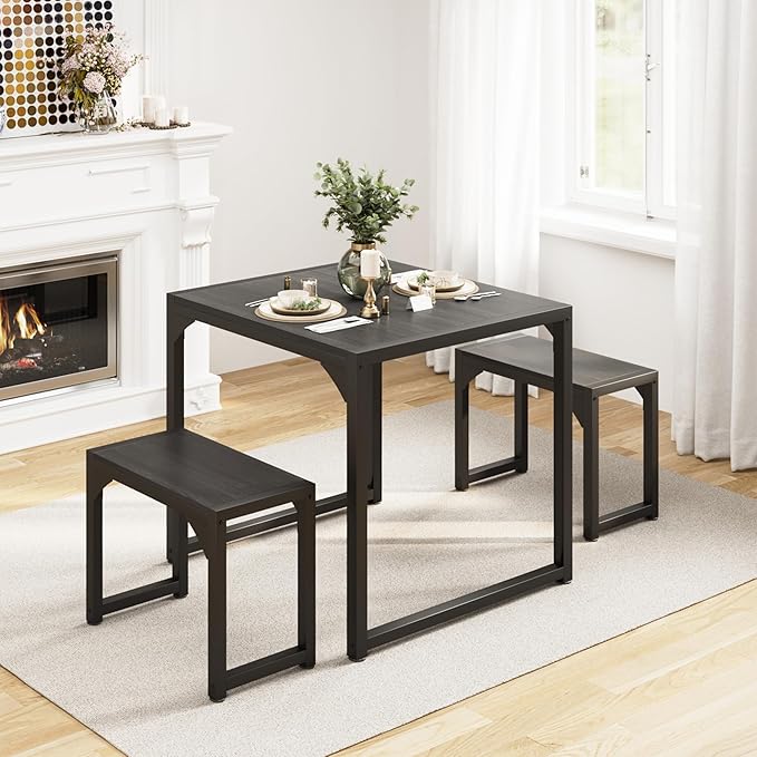 Gizoon Dining Table Set for 2, Kitchen Table Set for 2 with Steel Frame, Kitchen Table with 2 Benches for Small Space, Space Saving Design for Restaurant, Living Room, Black