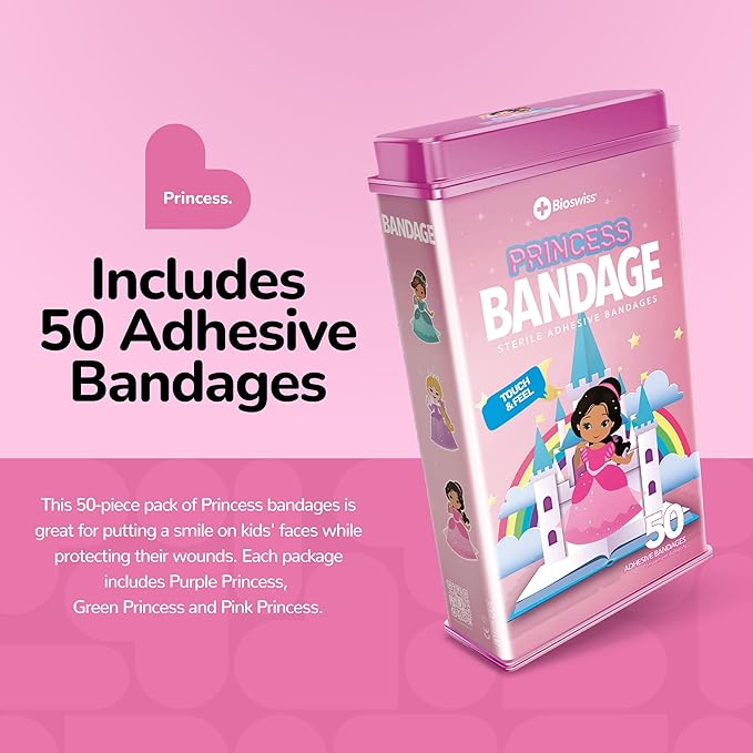 BioSwiss Kids Bandages, Princess Shaped Self Adhesive Bandage Set, Latex Free, Sterile Wound Care, 50 Count