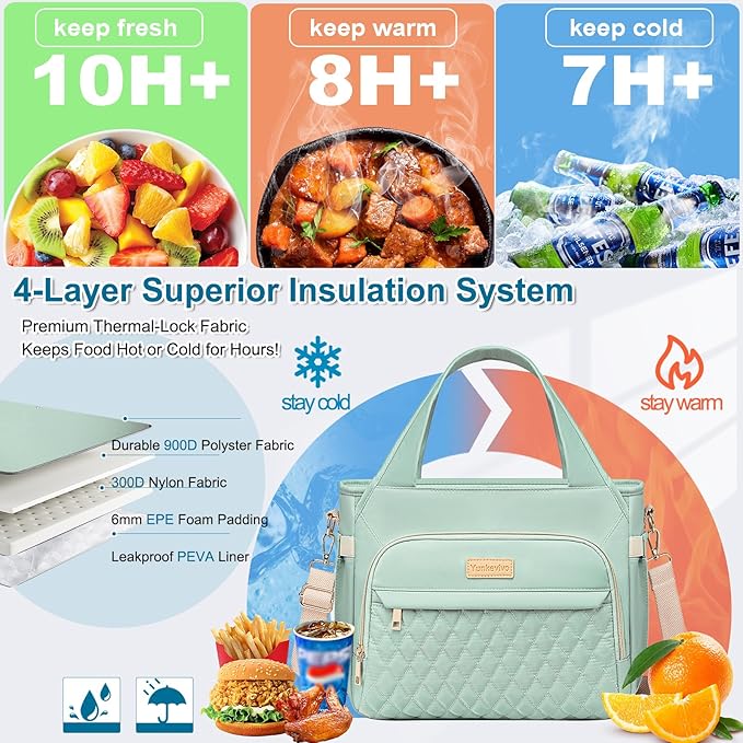 Lunch Bag Lunch Box Women - Insulated Lunch Tote Bag for Women Men, Leakproof Large Womens Lunch Bags for Work, Lunch Cooler Bag for Adult with Side Pocket for Picnic, Hiking, Beach (Green)