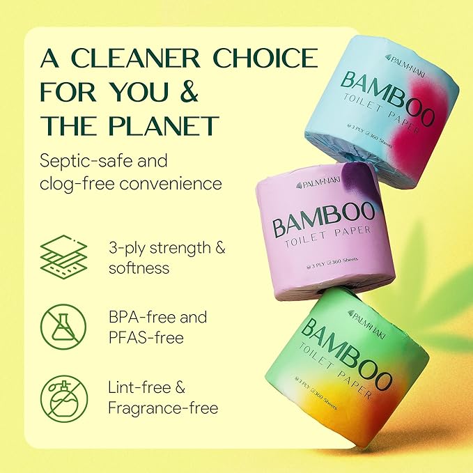 Premium Bamboo Toilet Paper | 3-Ply – Strong & Absorbent | Tree-Free, FSC Certified, BPA/PFAS-Free | Septic-Safe, Lint-Free | 12 Mega Rolls (360 Sheets/Roll) | PALM NAKI