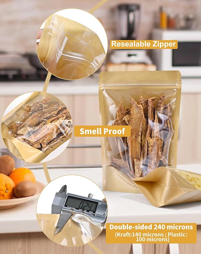FireKylin 100 PCS Stand Up Pouches,5.9" x 8.6" Paper Bags With Window Clear Front Pouches Resealable Zipper Food Storage Brown
