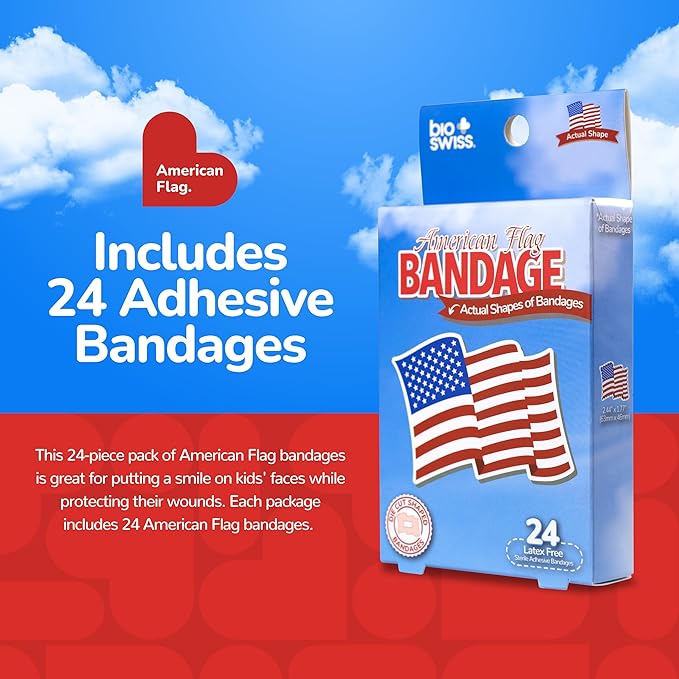 BioSwiss Kids Bandages, American Flag Shaped Self Adhesive Bandage Set, Latex Free, Sterile Wound Cares, 24 Count