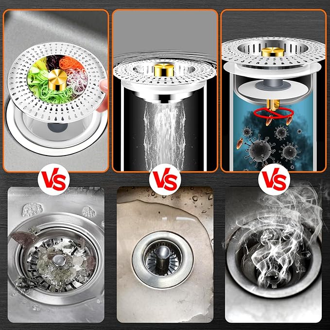 Kitchen Sink Drain Strainer & Sink Stopper - 18/8 Stainless Steel - 5-in-1 Upgraded Sink Strainer with Basket, Sink Plug Drain Cover Fits US Standard 3-1/2'' Sink Drain Hole