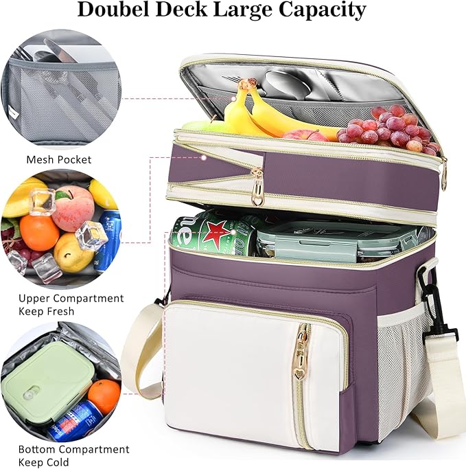 LOKASS Expandable Lunch Box for Women | Adult Lunchbag Cooler Tote Bag with Adjustable Shoulder Strap | Insulated Reusable Womens Lunch Bags for Work Camping Beach | 16L, Dark Pink