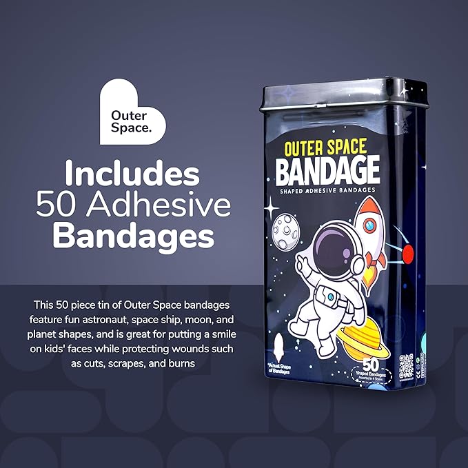 BioSwiss Kids Bandages, Outer Space Shaped Self Adhesive Bandage Set, Latex Free, Sterile Wound Care, 50 Count