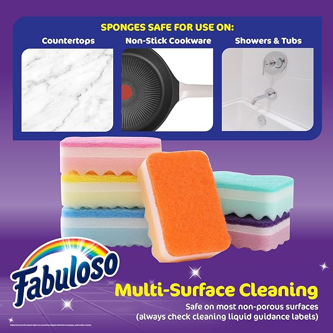 Fabuloso Sponges, Rainbow - Scratch-Free Scrubber for Dishes and Surfaces - Dishwashing Sponge for Bold and Bright Cleaning Experience, 6 Count