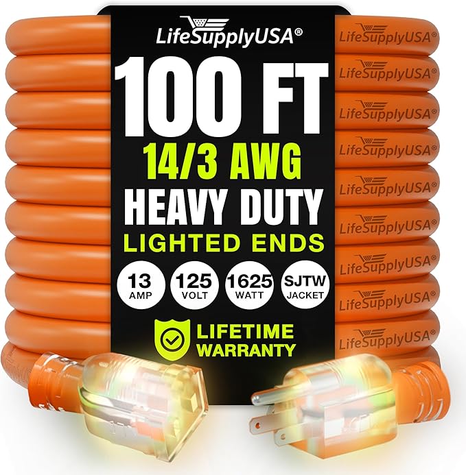 100ft Outdoor/Indoor Extension Cord 14/3 Gauge Heavy Duty 3 Prong SJTW, Waterproof, Flexible Cold-Resistant Long Power Cord,13A 125V 1625W, Orange by LifeSupplyUSA