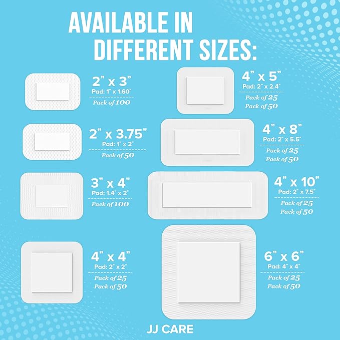 JJ CARE Adhesive Island Dressing [Pack of 25], 4” x 8” Sterile Bordered Gauze, Breathable Island Wound Dressing, Individually Wrapped Adhesive Gauze Bandages with Non-Stick Central Pad