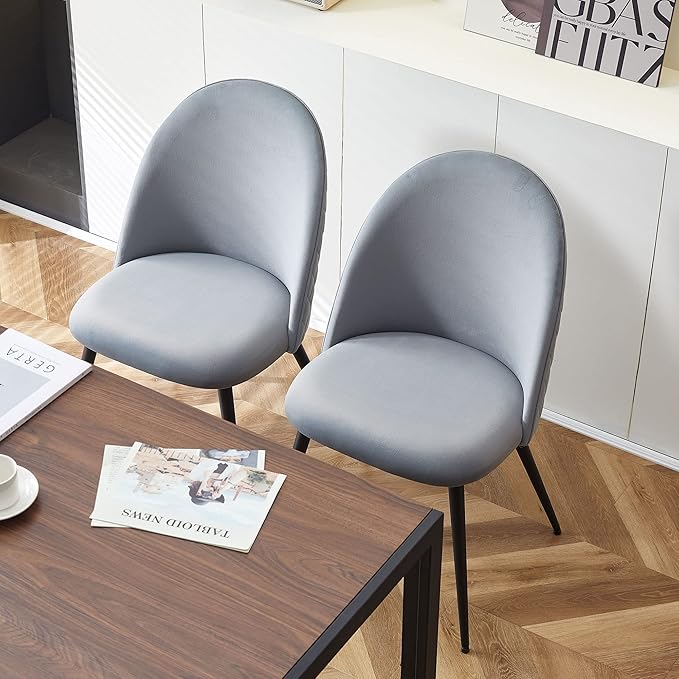 Upholstered Dining Chair Set of 4,Modern Kithen Velvet No Arms Home Ergonomic High-Back Vanity Elegant Accent with Black Metal Legs for Any Decor,Grey, 4*Chair,