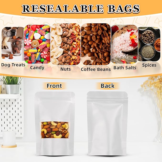 Food Bags 100 Pack Granola Trail Mix Bags Mylar Bags with Window Resealable Mylar Stand Up Pouches Wax Melt Candy Bar Tea Packaging Beef Jerky Chip Bag Bolsas para Carne Seca (5.9"x8.6")
