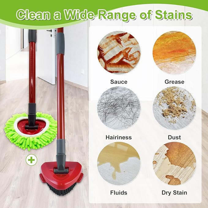Spin Mop Head, Base, Scrub Brush, Handle Replacement for O-Cedar RinseClean 2-Tank System, Includes 2 Chenille Mop Refills, 4-Section Handle Pole, 1 Scrubber Head, 1 Triangle Base Cover for Ocedar