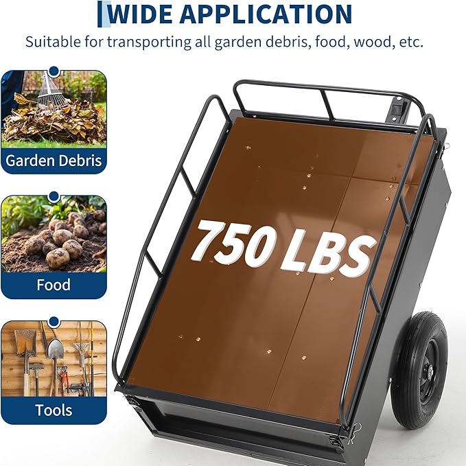 Heavy Duty ATV Dump Cart, 750 lbs Tow Behind Garden Utility Trailer with Removable Sides, Pull Behind Dump Trailer for ATV, UTV, Lawn Mowers and Tractors