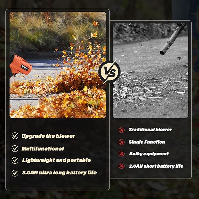 Electric Leaf Blower Cordless, 21V Handheld Leaf Blower with 2x3.0Ah Battery and Charger, Adjustable Speed for Lawn Care, Patio Cleaning, Blowing Leaves and Dust