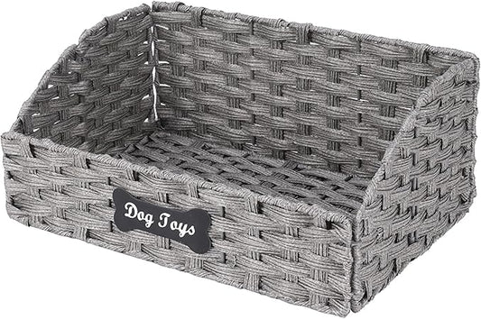 Geyecete dog toy basket Foldable Pet Toy Storage Box, Gray Seagrass & Iron Wire Design for Organized Living pet toy bin basket Wicker dog toy box