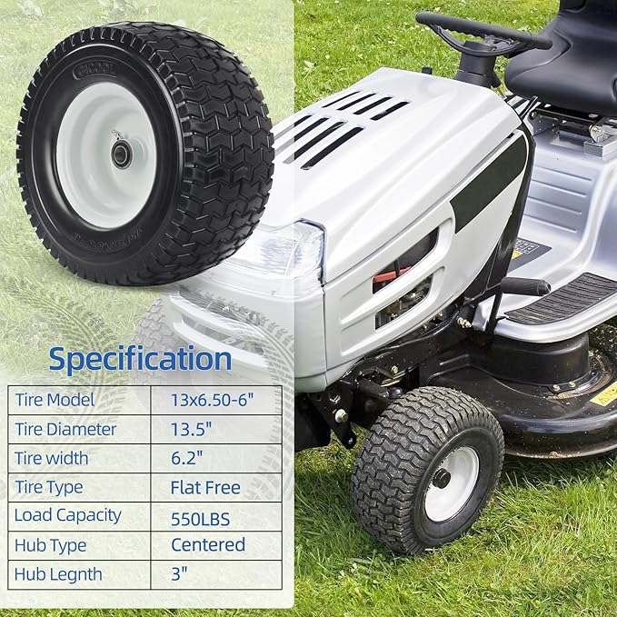 13x6.50-6 Tire and Wheel, 13x6.5-6" Flat-free Lawn Mower Tires, 3”-6.5“ Centered Hub, 3/4" or 5/8" Bearing, Universal Fit Garden Tractor Front Wheels, 4 Ply, V-Turf Pattern, 2 Pack
