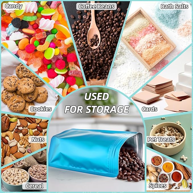 FUNFERY 3.5x5.1 inch Stand Up Mylar Resealable Bags for Food Storage,Smell Proof Foil Pouch,Food Packaging Sealable Bags,Mylar Zipper Bag for Jerky,Candy,Cereal,Coffee, Cards,Blue,50 Pack
