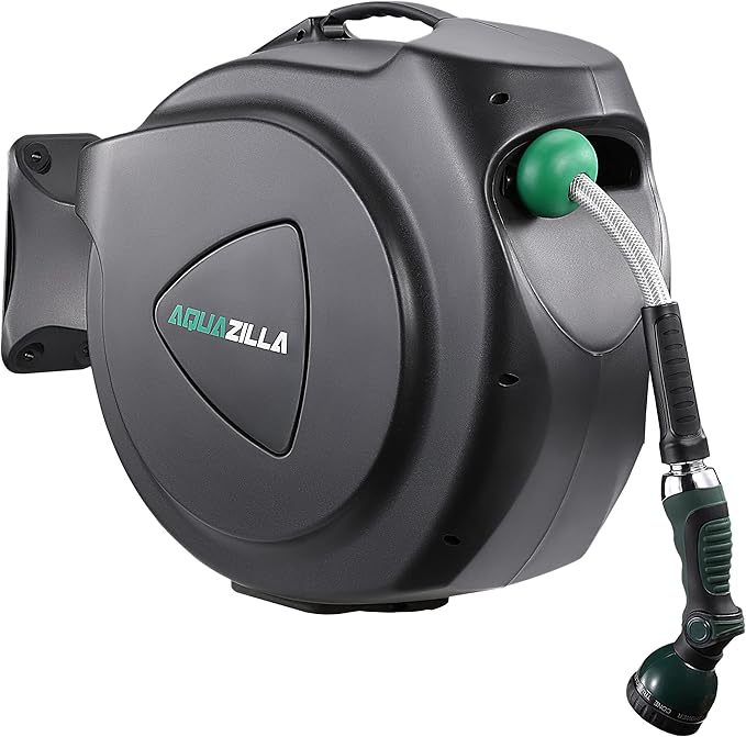 Retractable Garden Hose Reel, 65FT +6FT 5/8" Durable Wall Mounted Water Hose Reel with 180° Swivel Bracket, 9 Pattern Sprayer, 6Ft leader hose,Smooth Automatic Rewind, Any Length Lock.