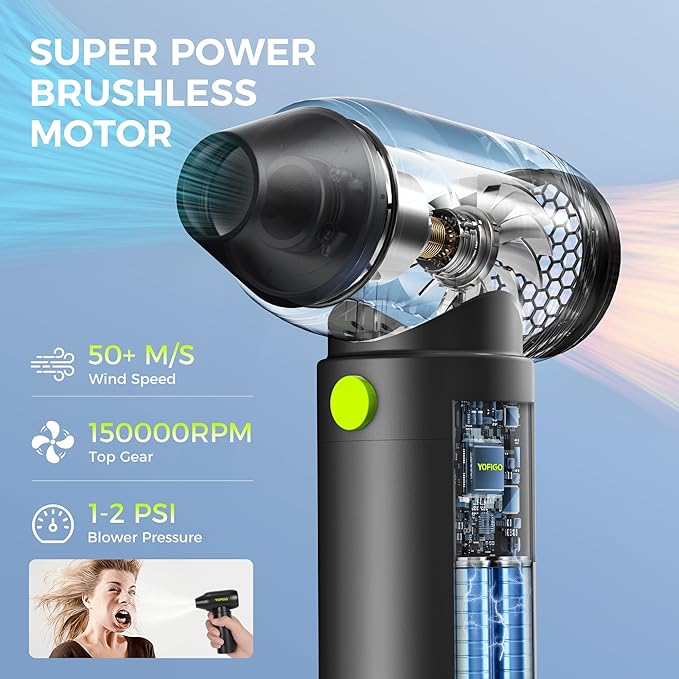 Compressed Air Duster, YOFIGO Electric Air Duster PC & Keyboard Cleaning Kit, 150000RPM Rechargeable 4-Speed Dust Mover for Car, Mini Metal Handheld Air Blower Replaces Compressed Air Can