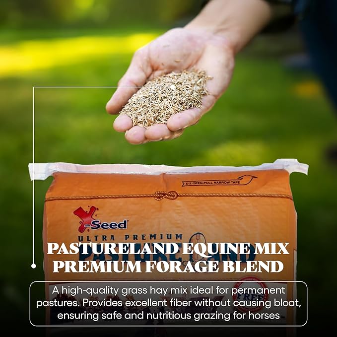 X-Seed Pasture Land Equine Forage Seed Mixture with Micro-Boost – No Mow Pasture Grass with Clover, Ryegrass & Perennial Greens – Recommender for Horses, & Livestock – Premium Blend, 25-Pound